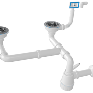 Двойной разноуров.сифон для мойки с вып.3 1/2",с перел,с отв.для стирал.маш,бол колба,лату.винт 25мм