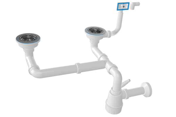 Двойной разноуров.сифон для мойки с вып.3 1/2",с перел,с отв.для стирал.маш,бол колба,лату.винт 25мм