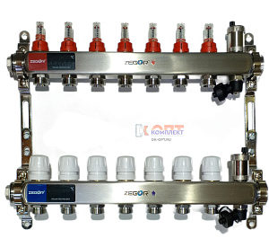 Коллекторная группа 1" х5 вых с клапанами и индикацией температуры, в сборе, нержавейка (1/3шт)